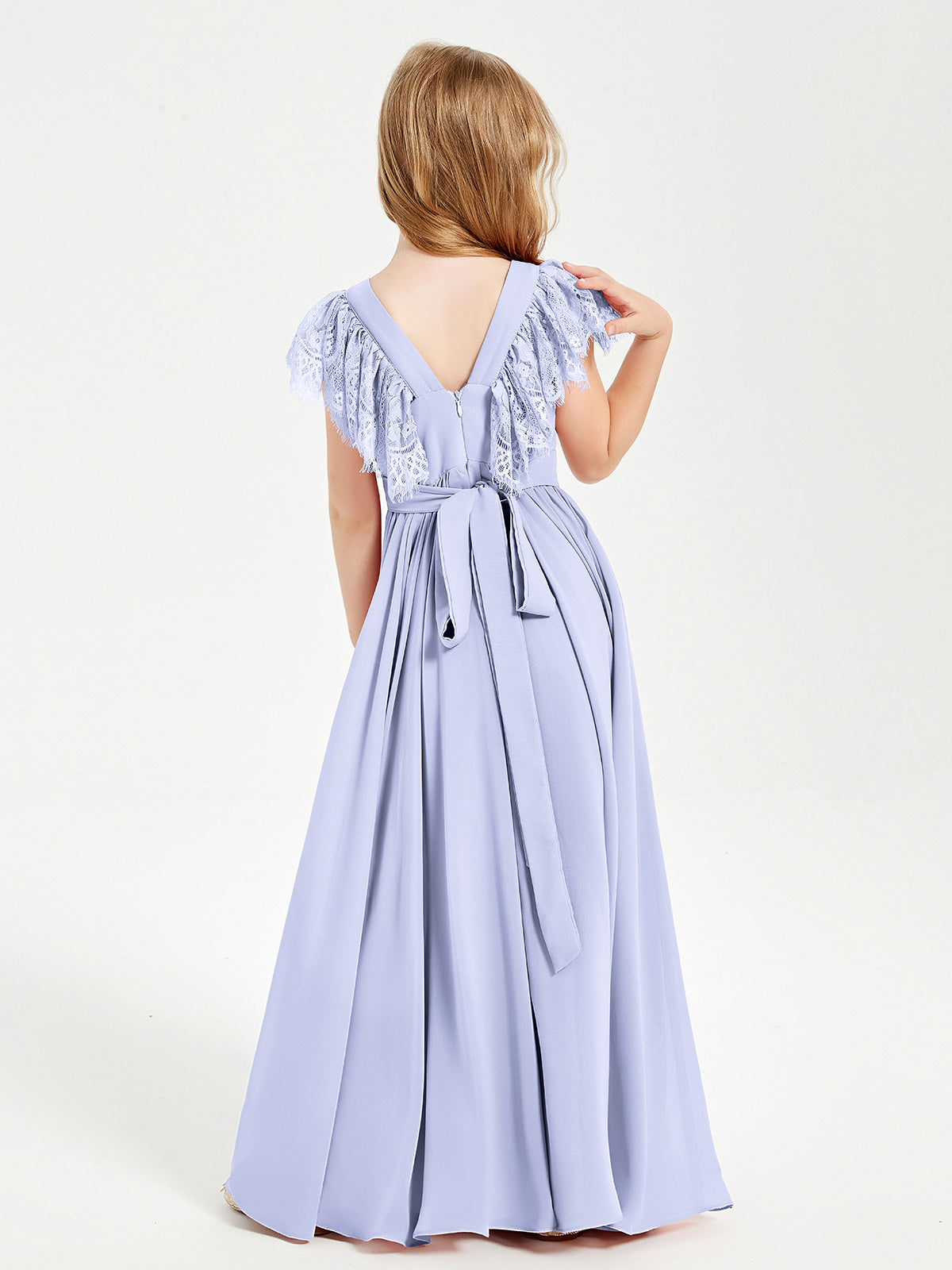 Chiffon Junior Bridesmaid Dresses with Lace Flutter Sleeves Lavender